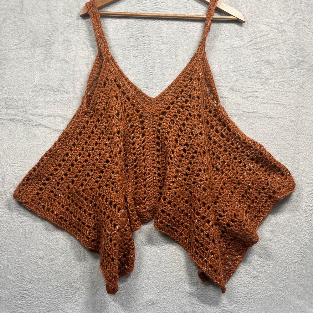 Crochet Tank Top Women Rust Orange Handkerchief‎ Hem Boho V-Neck OS